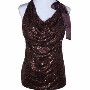 Jennifer Lopez Brown Sequins Cowl Neck Halter Top